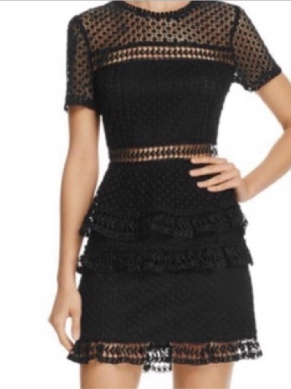 Black Short-Sleeve Lace Trim Mini Dress